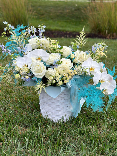 White basket with mixed flowers # 7